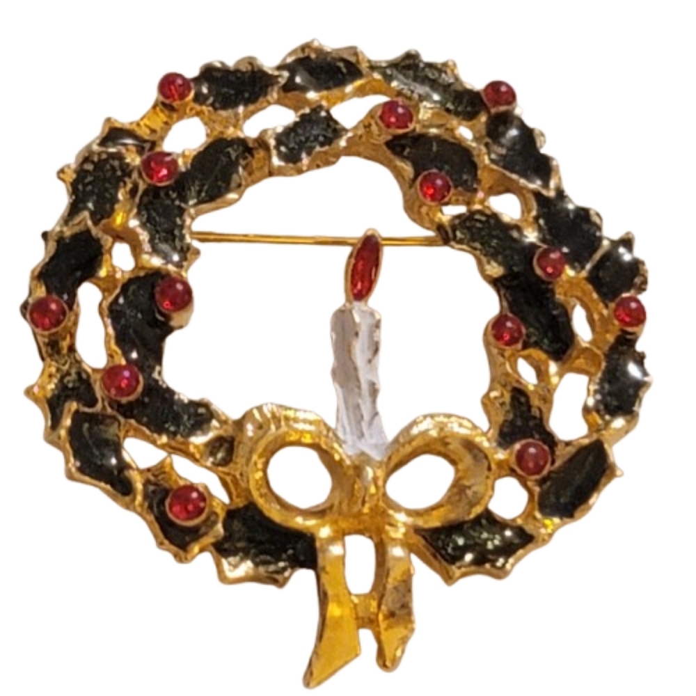 Christmas Wreath brooch with candle bow holiday rhinestones pin